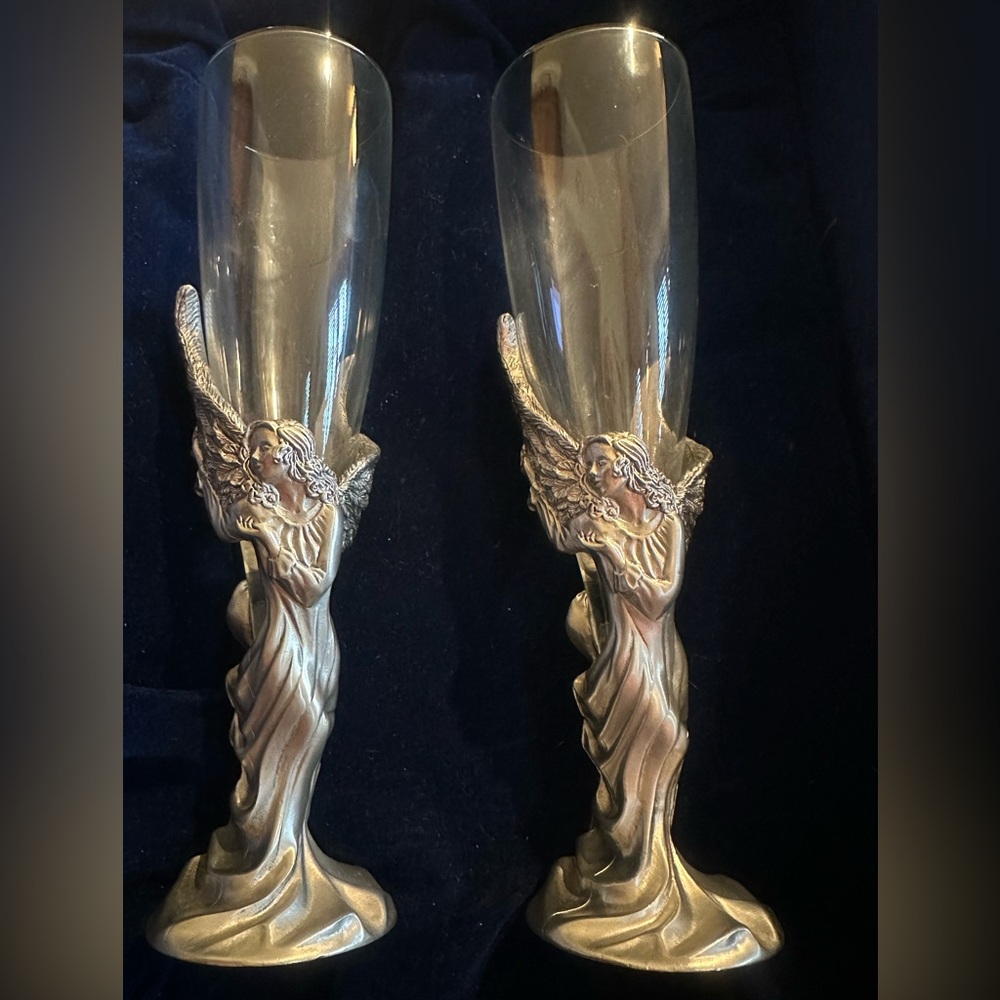 Vintage 1995 Seagull Fine Pewter Angel Fairy Hand-Blown Glass Champagne Flutes
